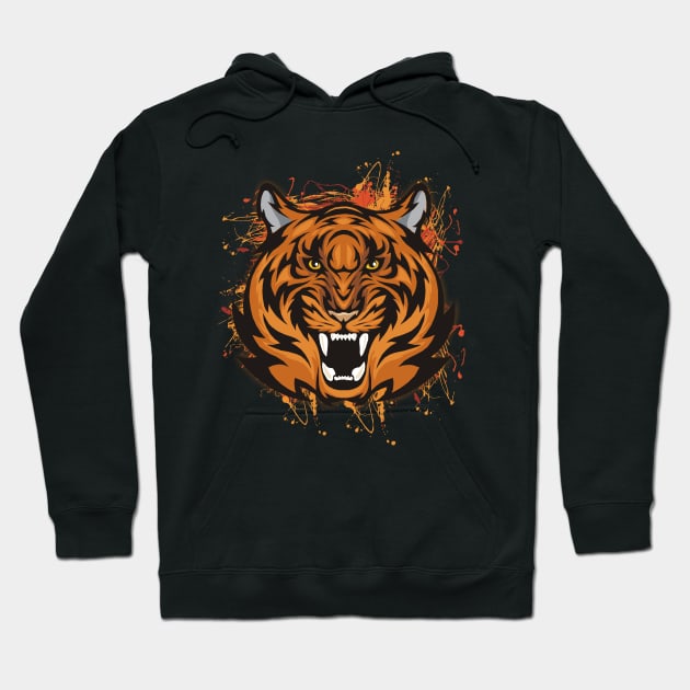 Orange Fearless Tiger Head Hoodie by Pixels Pantry